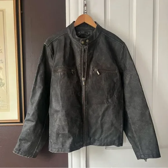 Wilson’s Leather Motorcycle Jacket Faded Black Distressed Full Zip Moto Large - Picture 8 of 12